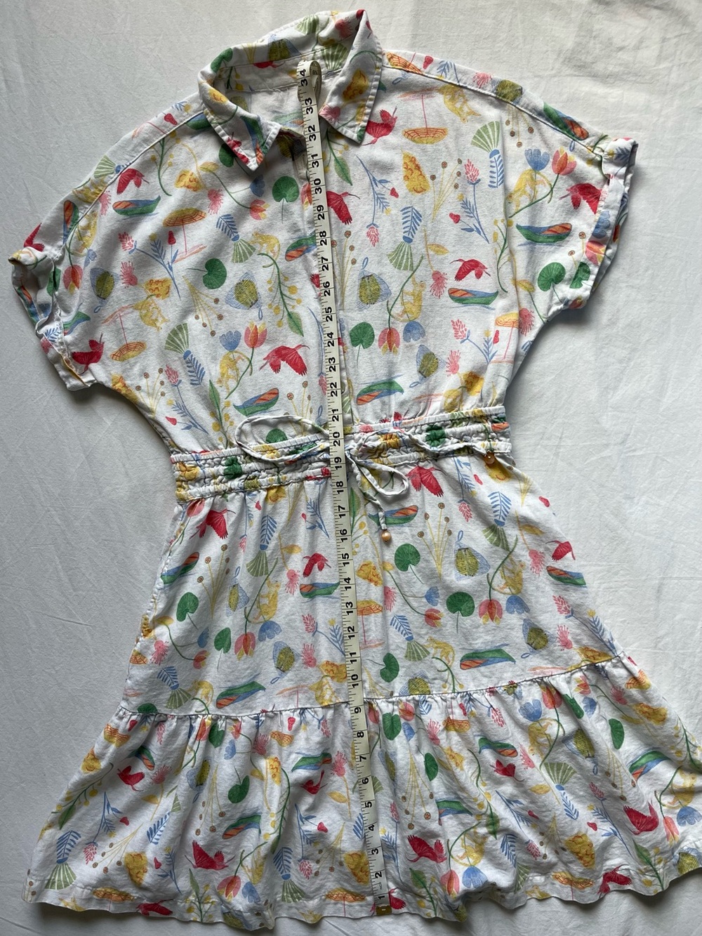 Women’s White Nature Bird Floral Print Drawstring Casual Dress
